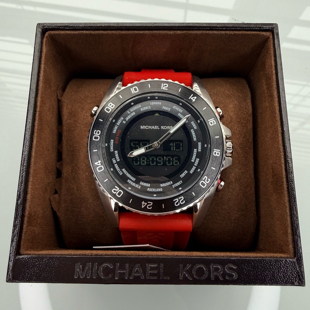 NWT Michael Kors JetMaster Red Strap Silver Buckle Watch MK8402 - Picture 1 of 9